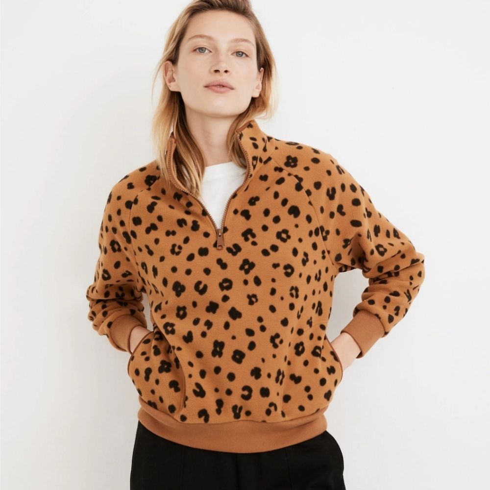 Madewell MWL Betterfleece Half-Zip Cheetah Print Sweatshirt Size M